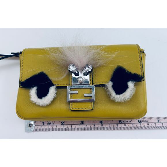 Fendi Monster Fur Micro Yellow Crossbody Leather Baguette SHW Authentic CoA - Picture 8 of 9